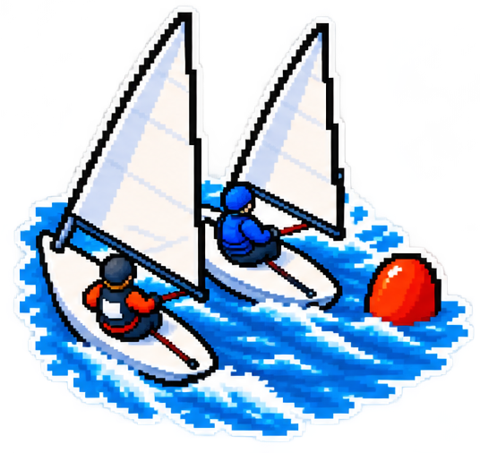 Two dinghies racing side by side towards a mark