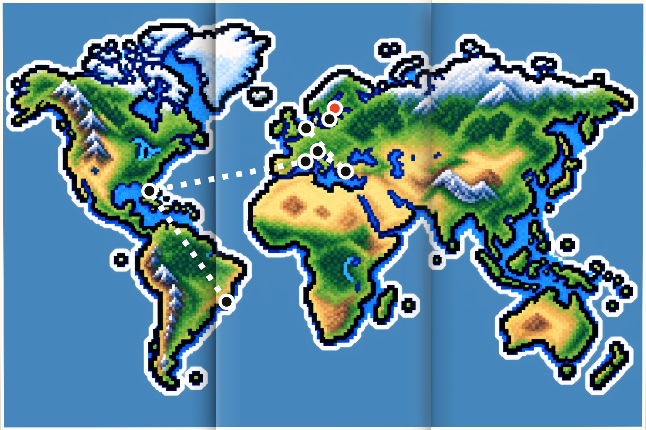 A pixel-art world map with the season's coasts marked, from Scandinavia to Rio